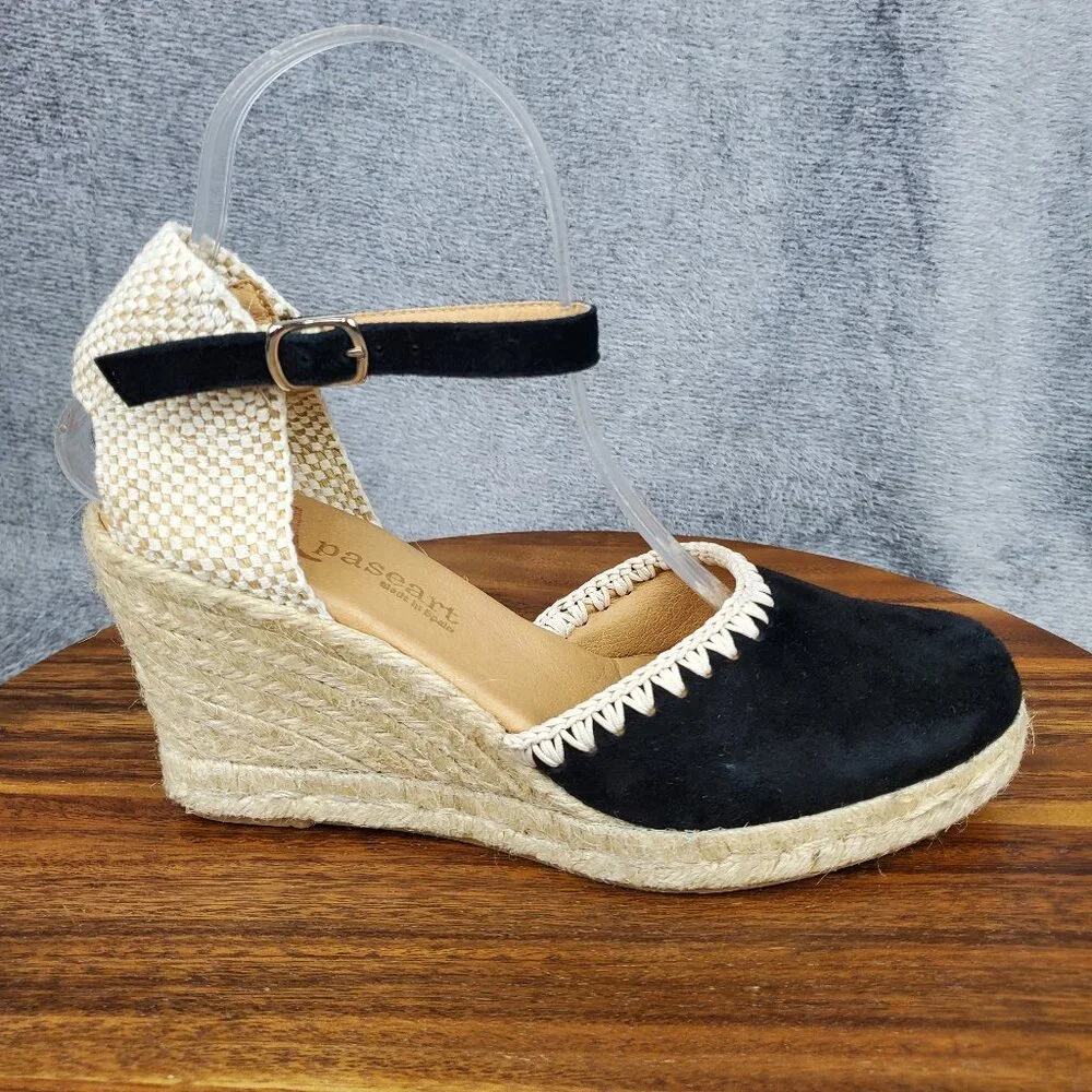 Paseart Sandals Women's 8 Black Suede Ankle Strap Comfort Wedge Espadrilles